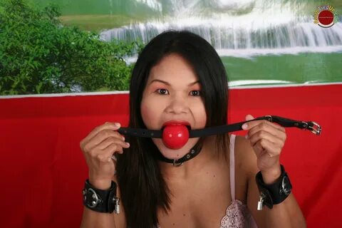 Restrained Asian is Gagged with Huge Ball Gag.