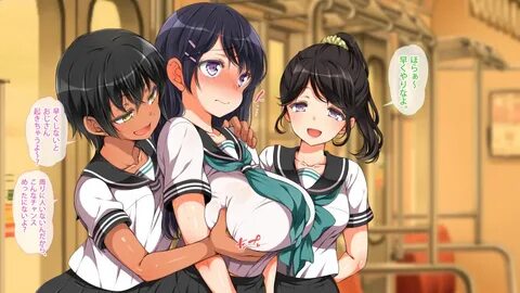 Safebooru - 3girls aomizuan black hair blush breast grab bre