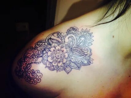Shoulder tattoo, Lace tattoo by Brandon Fisher. Potomac, Ill