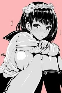 Safebooru - 1girl blush breast squeeze breasts closed mouth 