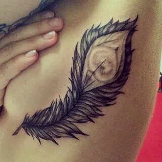 Feminine peacock feather ribcage black and grey tattoo girl Тату С Павлиньи...