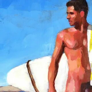 Longboarder 18x27 Realistic Painting of Nude Male Surfer at 