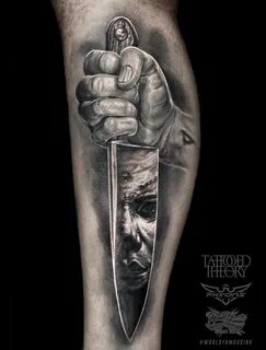 Micheal Myers knife tattoo done in 8 hours by Javier Antunez