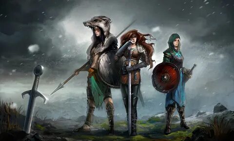 Три девушки с мечами в доспехах Обои на рабочий стол