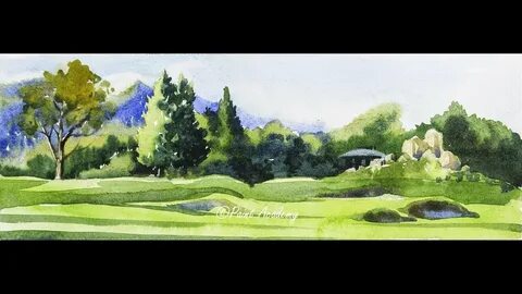 Watercolor Panoramic Landscape Mountains, Trees, Valley Wate