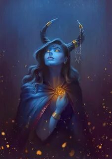 female tiefling sorcerer / oracle / spell caster blue skin a