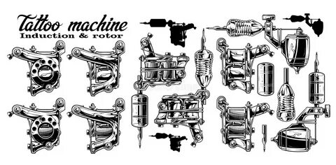 Graphic Black and White Metal Tattoo Machine Set Stock Vector - Illustration of 