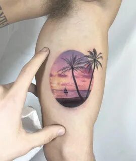 Palm trees sunset beach scene tattoo Sunset tattoos, Tree ta