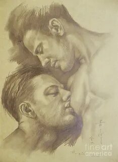 Original drawing pencil artwork male nude gay men on brown p