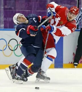 Olympic hockey: USA vs Russia men's action