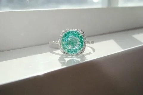 Large Halo Mint Green Pariba Tourmaline Diamond Ring Gemston