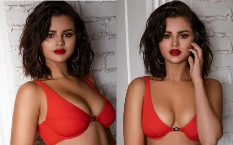 Selena Gomez absolutely fucking ravishing in red lipstick and bra, amazing tits...