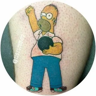 Awesome hilarious full color Homer Simpson bowling tattoo by