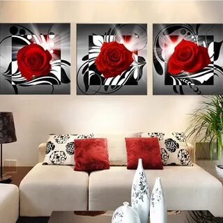 YRHCD Triptych Red Rose flower Decorative Canvas Painting Ho