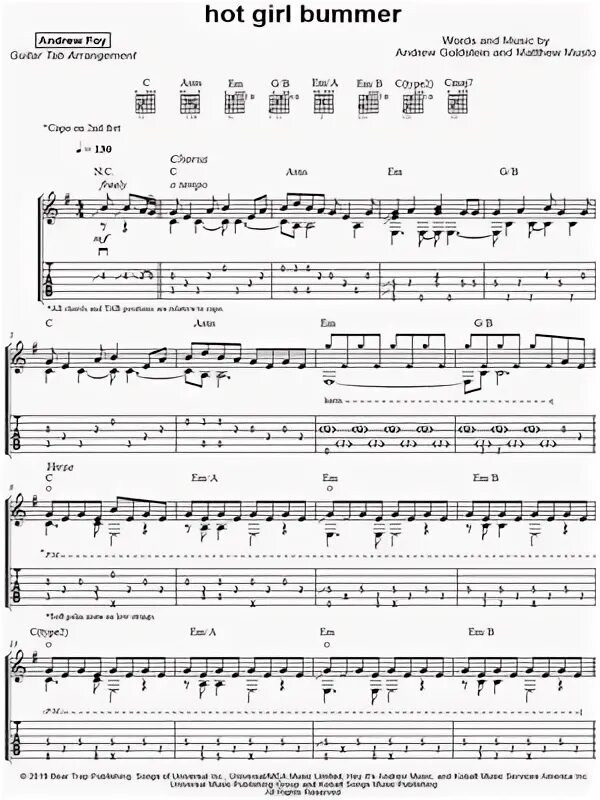 Andrew Foy "hot girl bummer" Guitar Tab in E Minor - Downloa