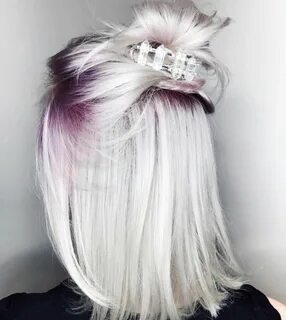 Icy platinum blonde hair with purple roots Hair styles, Silv