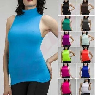 WOMEN MOCK TURTLENECK SLEEVELESS RIBBED FITTED TOP STRETCH T