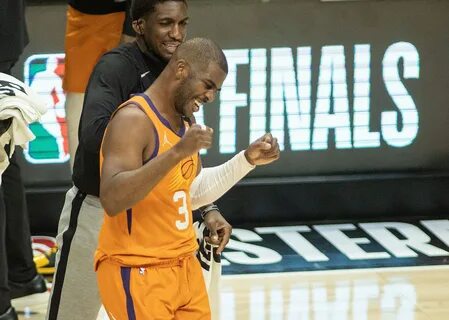 Chris Paul 3 of the Phoenix Suns reacts a technical foul that led to the ex...