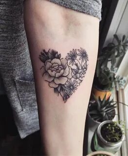 Heart shape with flowers tattoo. Use aster, marigold and dai