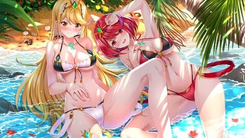 Mythra and Pyra at the beach (Is Pyra wearing to sets of bik