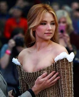 Haley Bennett busty in a strapless golden gown at The Girl O
