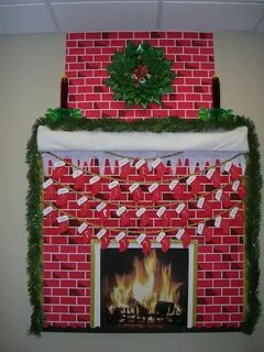 Classroom bulletin board turned fireplace (printed the fire 