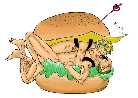 Xbooru - 2boys blonde hair burger cheese food green hair ham