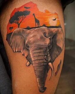 Elephant With Sunset Safari Africa Male Leg Tattoo Africa ta