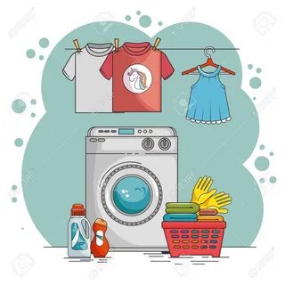 Laundry Room With Washing Machine And Clothes Vector Illustr