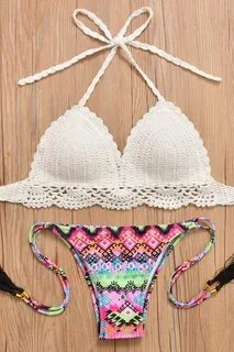 $33.99 White Crochet Geometric Print Halter Bikini