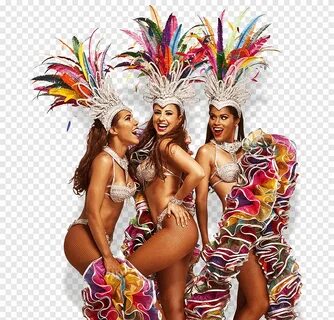 Tres mujeres bailando en trajes, carnaval brasileño, baile d