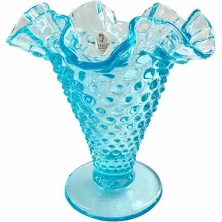 Fenton Glass Blue Topaz 5-5/8 inch Double Crimped Hobnail Va