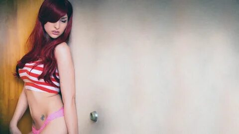 Bailey Jay, transgender, redhead, long hair, pink lingerie, 