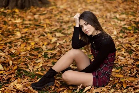 Wallpaper : model, fall, leaves, sitting, legs, dark hair, m
