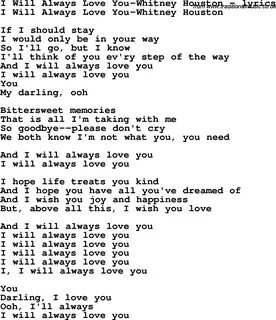 Love Song Lyrics for:I Will Always Love You-Whitney Houston