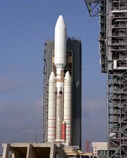 The first Titan IV/Centaur Space Launch Vehicle sits poised on launch.
