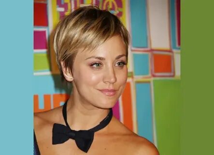 Kaley Cuoco with her hair cut short into a pixie