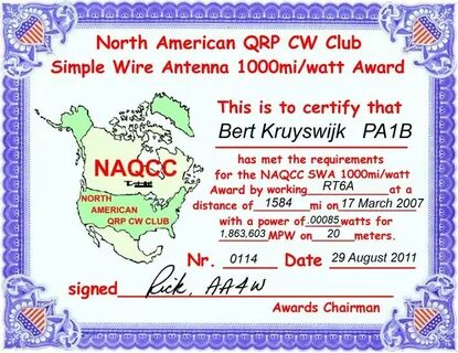PA1B's QRPp Blog: NAQCC 1000 Miles per Watt Award