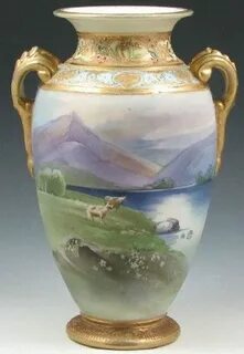 Nippon Porcelain Vase Landscape with Cows Green Mark 8 Porce