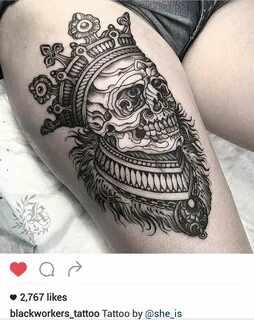 Black and gray dead king tattoo by @she_is Thigh tattoos wom