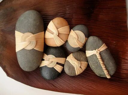 Cane wrapped rocks, Japanese basketry knots. Stone wrapping,
