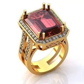 Rectangular Halo Large Golden Ring with Ruby 3D model 3D pri