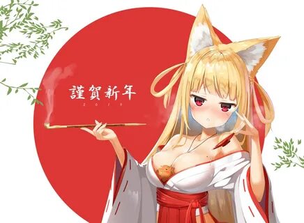 animal animal ears blonde hair blush breasts drink foxgirl j