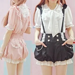 Japanese Kawaii Bow Chiffon Blouse / Straps Shorts from Fash