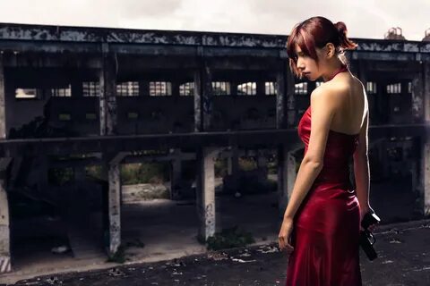 Download wallpaper girl, gun, dress, in red, Resident Evil, 
