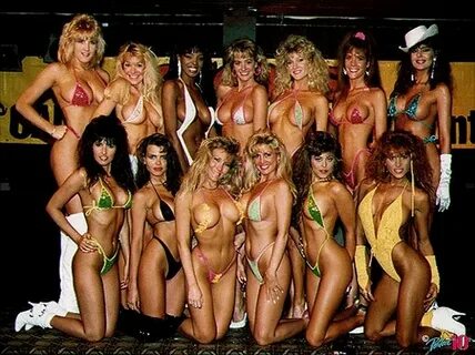 and another group pose in a 1990s bikini contest