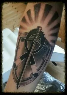 Shield and sword Shield tattoo, Sleeve tattoos, Skull tattoo