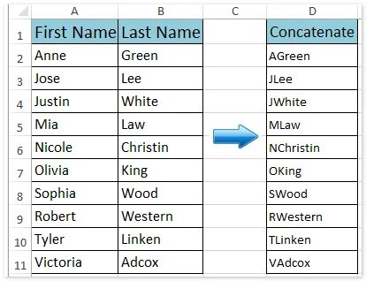 Как связать первые буквы имен / ячеек в Excel?