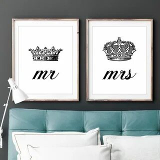 Set of Two 2 Mr and Mrs His Hers King Queen Crown 8x10 Print