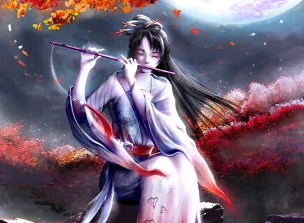 Desktop HD wallpaper: Fantasy, Moon, Oriental, Flute free download backgrou...